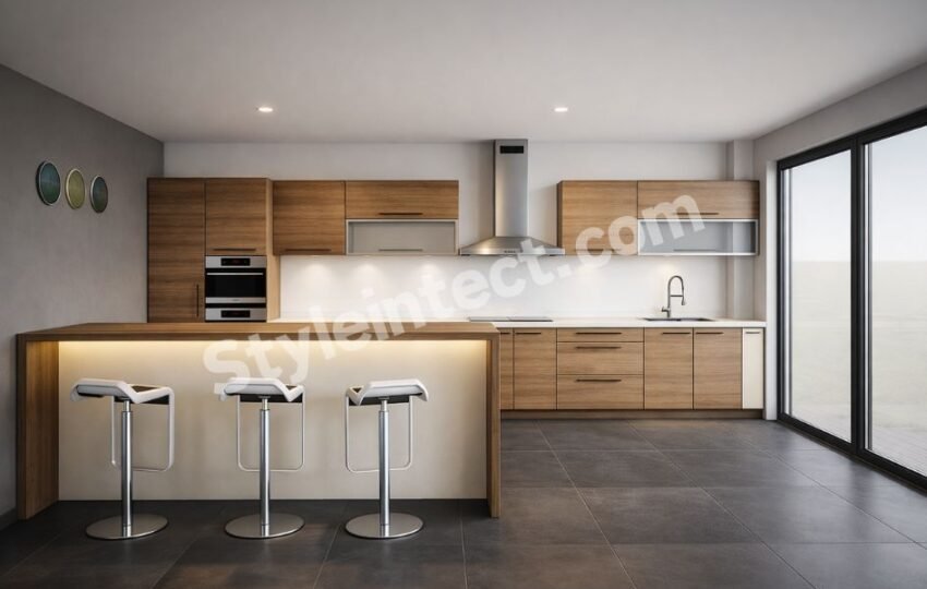 Modern Modular Kitchen Design featuring a straight layout, warm wooden cabinets, illuminated breakfast island, built-in oven, stainless steel chimney, and contemporary kitchen interior by StyleIntect.