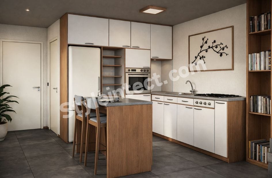 Modern Japandi kitchen design with L-shaped white and wood modular cabinets, breakfast counter, built-in oven, open shelving, and grey countertop for contemporary homes.