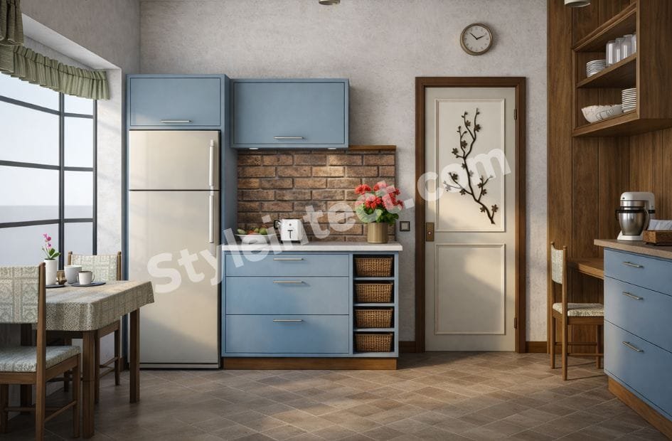 Modern Rustic Modular Kitchen Design with L-shaped dusty blue cabinets, exposed brick backsplash, wooden ceiling, open shelving, built-in oven, large windows, and dining area for elegant residential interiors.