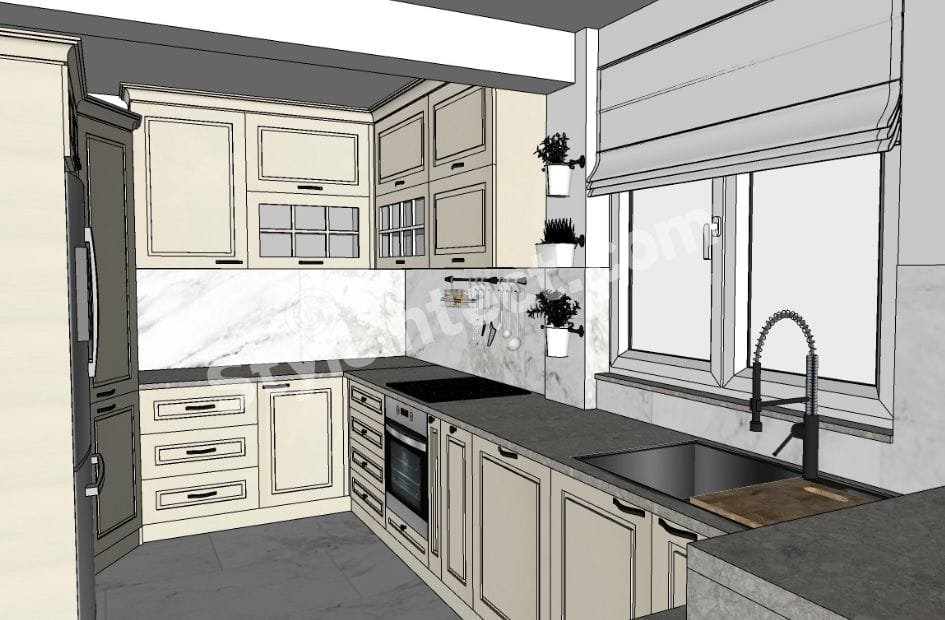 Luxury Classical Modular Kitchen Design with L-Shaped Ivory Cabinets, Marble Backsplash, Dark Stone Countertops, and Premium Storage Solutions for Modern Homes.