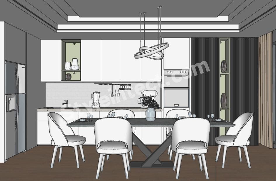 Modern Open Kitchen Interior Design with White Linear Modular Kitchen, Built-In Appliances, Integrated Dining Area and Contemporary Pendant Lighting.