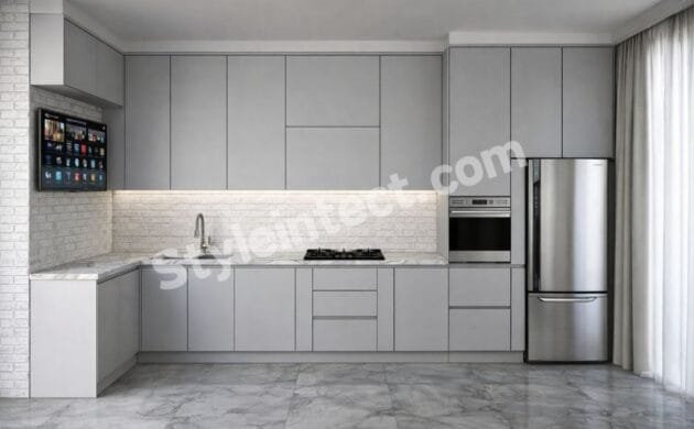 Modern Modular Kitchen Design with L-Shaped Grey Cabinets, White Stone Countertop, Built-in Appliances and Contemporary Kitchen Interior Design.