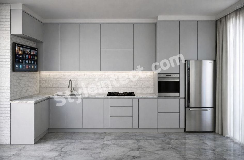 Modern Modular Kitchen Design with L-Shaped Grey Cabinets, White Stone Countertop, Built-in Appliances and Contemporary Kitchen Interior Design.