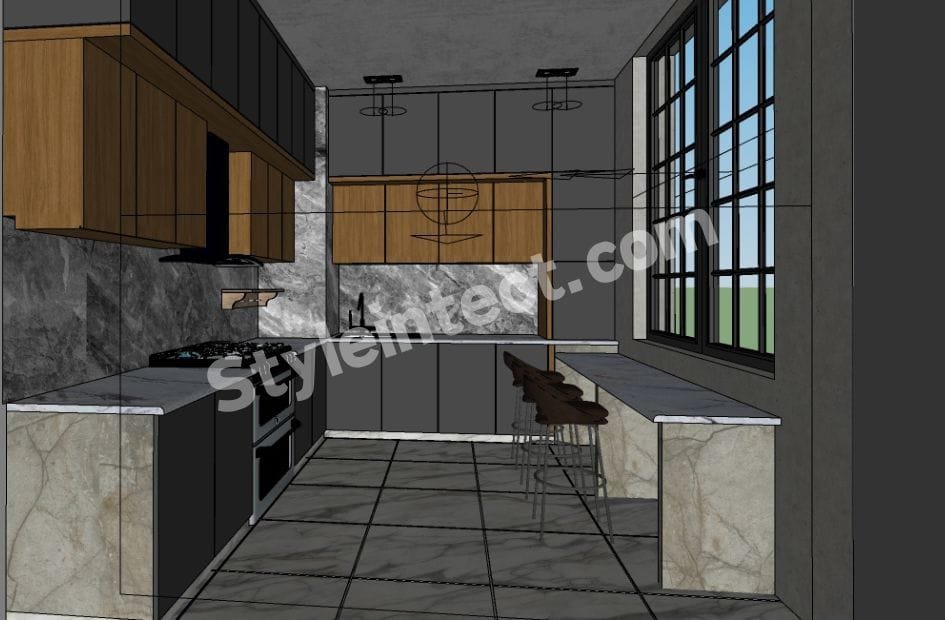 Modern Modular Kitchen Design with U-Shaped Grey and Wood Cabinets, Marble Finish Countertop, Breakfast Counter, Large Windows, and Contemporary Luxury Interior.