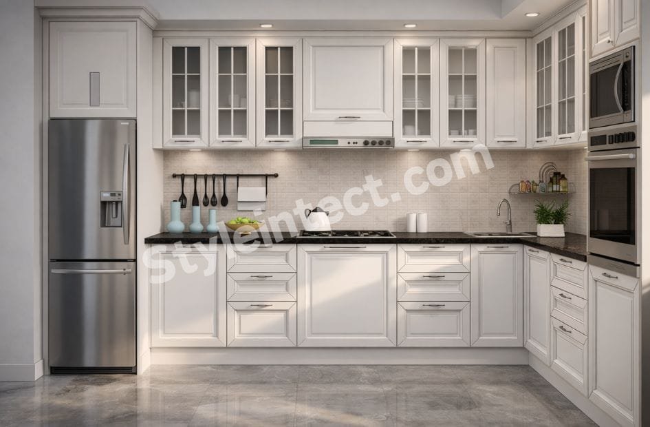 White Classical Modular Kitchen Design with U-shaped Layout, Glass Cabinets, Black Granite Countertop and Built-in Appliances by StyleIntect.