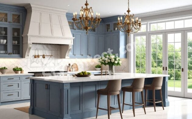 Luxury Classical Kitchen Design with blue raised-panel cabinets, white marble countertop, large kitchen island, elegant chandeliers, and glass-front cabinets.