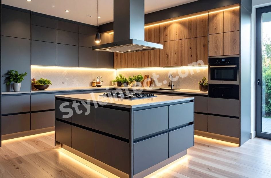 Modern Luxury Modular Kitchen Design with L-Shaped Layout, Central Island, Dual-Tone Charcoal and Wood Cabinets, White Countertop, and Warm LED Lighting.