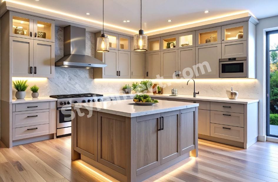 Luxury modular kitchen design with L-shaped greige Shaker cabinets, center island, white stone countertop, marble-look backsplash, pendant lighting, and premium residential kitchen interior.
