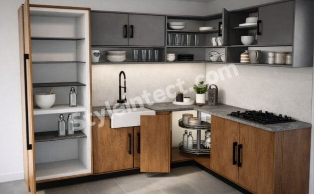 Modern Modular Kitchen Design featuring an L-shaped grey and wood kitchen with smart storage cabinets, open shelving, corner carousel storage, a stone countertop, and a contemporary kitchen interior.
