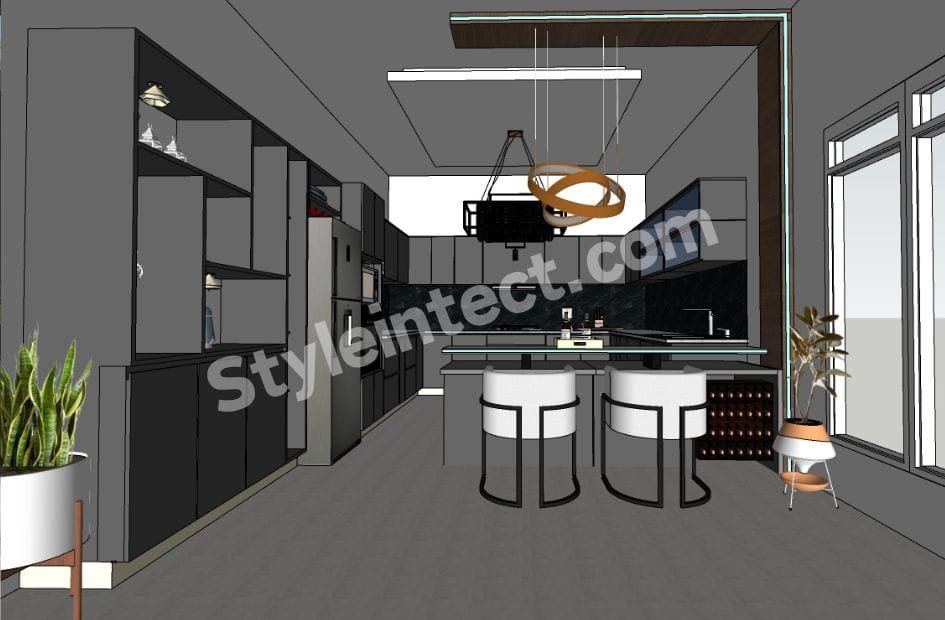Modern Black Modular Kitchen Design with Island Layout, Matte Charcoal Cabinets, Premium Countertop and Contemporary Kitchen Interior by StyleIntect.
