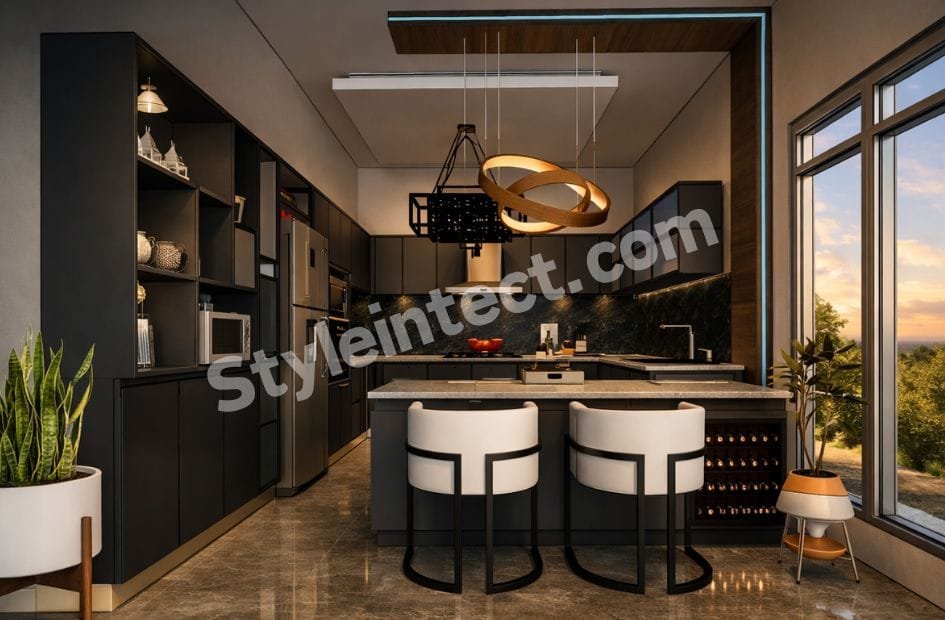 Modern Black Modular Kitchen Design with Island Layout, Matte Charcoal Cabinets, Premium Countertop and Contemporary Kitchen Interior by StyleIntect.