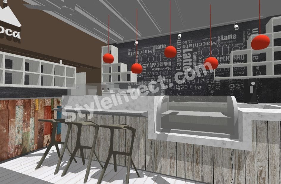 Modern industrial café interior design with marble coffee counter, bakery display showcase, rustic wooden cladding, coffee typography wall, outdoor terrace seating, brick exterior, and wooden pergola.