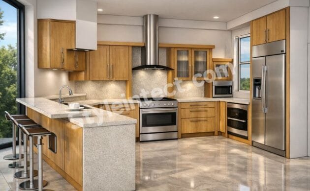 Modern U-shaped Modular Kitchen Design with natural wooden cabinets, white stone countertops, built-in appliances, breakfast counter, and luxury kitchen interior by StyleIntect.