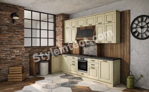 L-Shaped Rustic Modular Kitchen Design with Cream Raised Panel Cabinets, Exposed Brick Walls and Dark Stone Countertop by StyleIntect Primary Keyword: L-Shaped Rustic Modular Kitchen Design