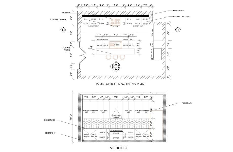 Modern Island Kitchen Design Working Plan: A Functional Modular Kitchen for Spacious Homes