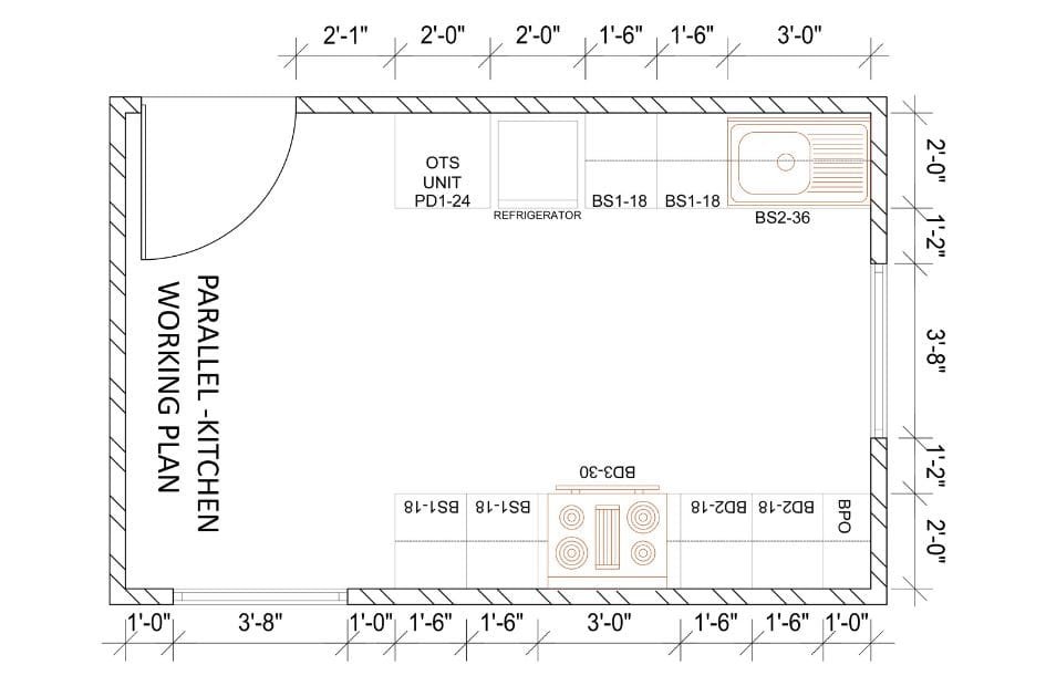 Parallel Kitchen Working Plan with Dimensions for a Functional Modern Home