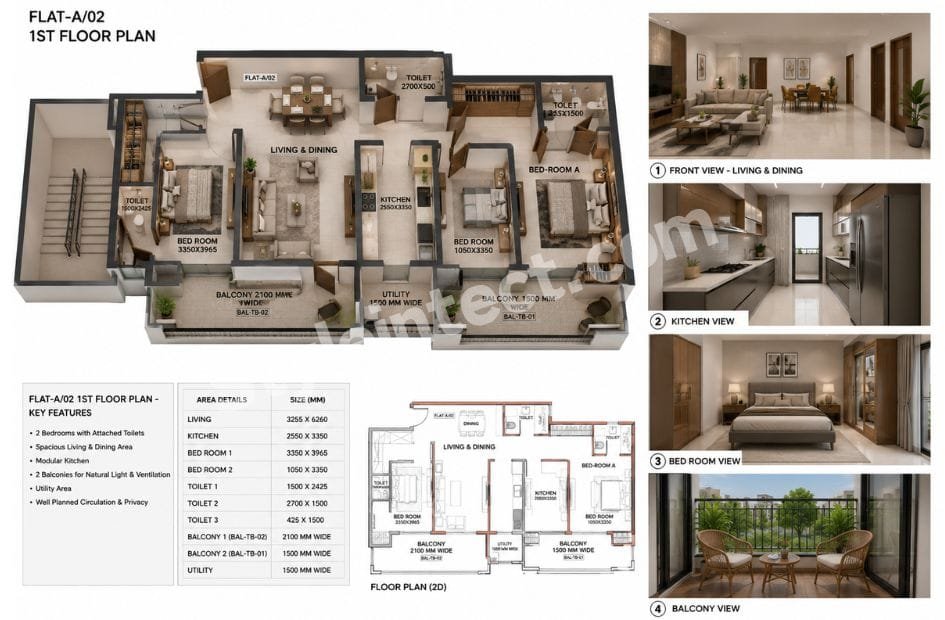 Modern Apartment Floor Plan with Smart Space Planning, Bedrooms, Kitchen and Balcony Design