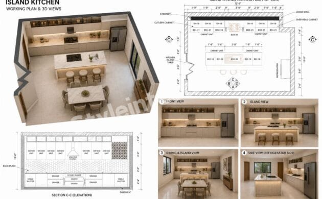 Modern Island Kitchen Design Working Plan: A Functional Modular Kitchen for Spacious Homes