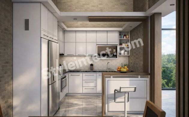 Modern Modular Kitchen Design with L-shaped white kitchen, breakfast counter, white cabinets, grey stone countertop, built-in appliances, and contemporary kitchen interior.