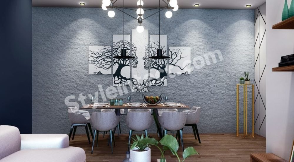 Modern Dining Room Interior Design with Textured Feature Wall, Statement Chandelier, and Contemporary Home Interiors