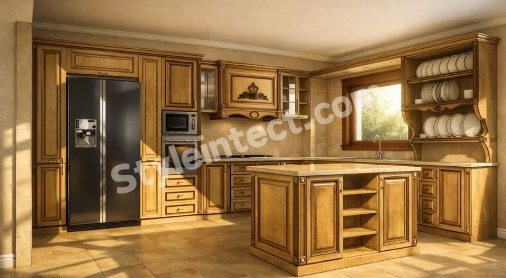 Luxury Classical Modular Kitchen Design with U-Shaped Wooden Kitchen, Solid Wood Cabinets, Granite Countertop, Central Island and Elegant Classical Interior